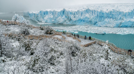 El Calafate no Inverno - passarelas do Glaciar Perito Moreno com neve - shutterstock_489507952 El Calafate no inverno: vale a pena incluir no roteiro da família?