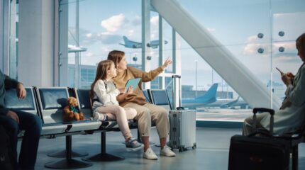 Viagem aérea com crianças - família no aeroporto - mãe e filha - shutterstock_2137645217 Com o aéreo já inflacionado, vale comprar a viagem em cima da hora? O dilema de muitas famílias às vésperas das férias escolares